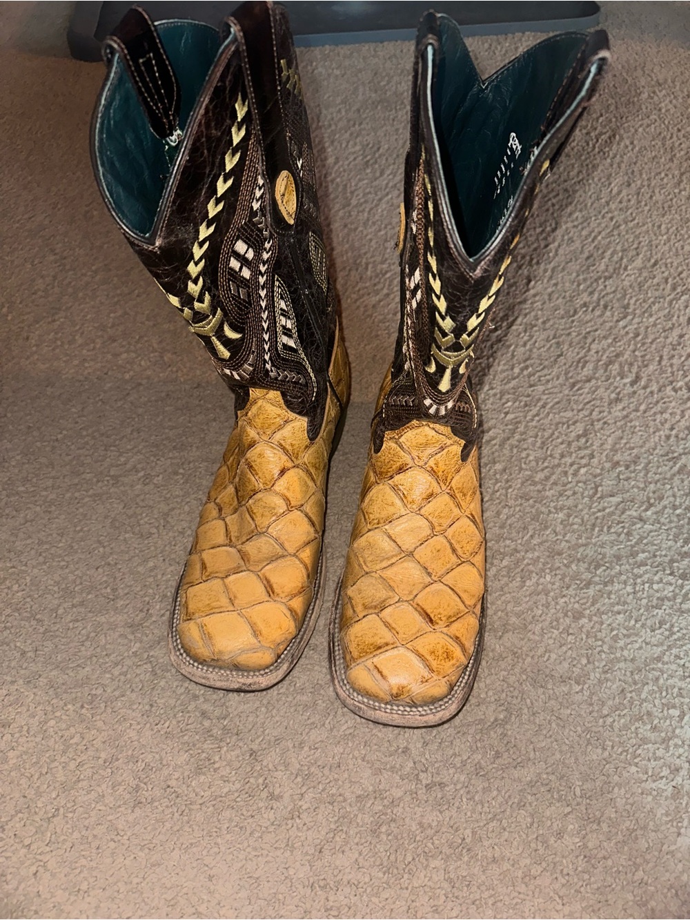 Ferrini Pirarucu Print Cowboy Boots Mens Square Toe Tan Black Leather Western